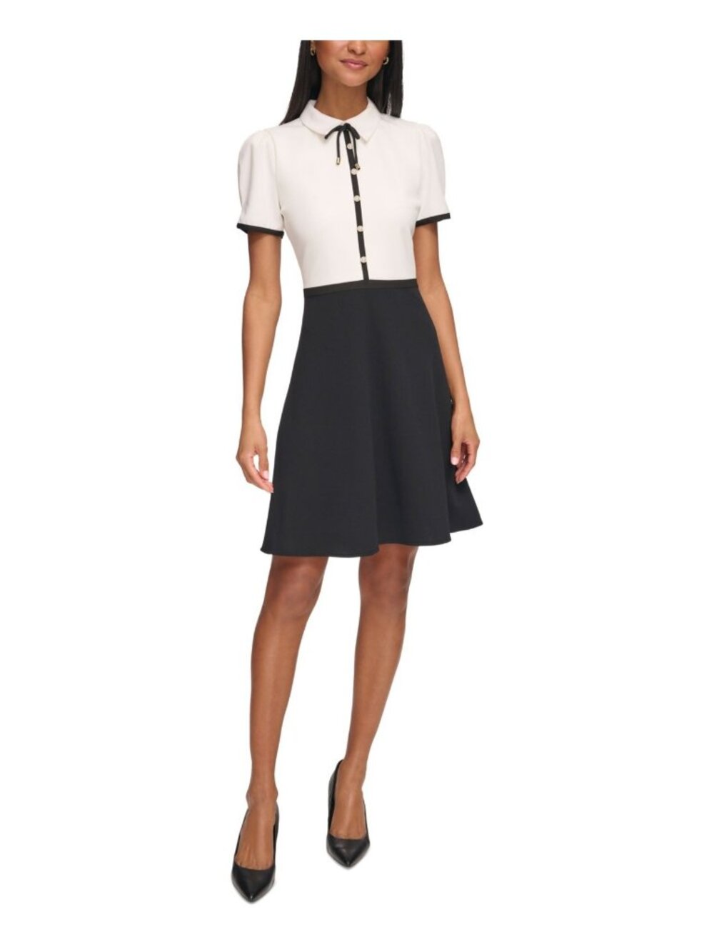 KARL LAGERFELD Collared Contrast Trim Knee-length Dress White Black Size 12 $148
